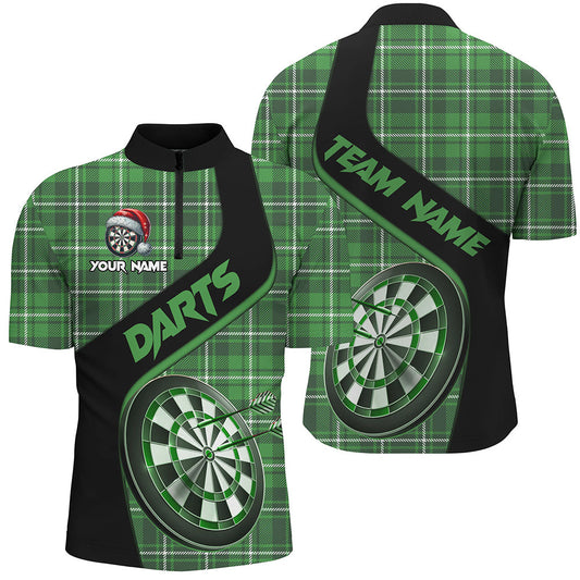 Individuelles Grünes Karo Muster Weihnachts Dart Herren Shirt mit Viertelreißverschluss, Dart Trikot Dart Geschenk TDM2901