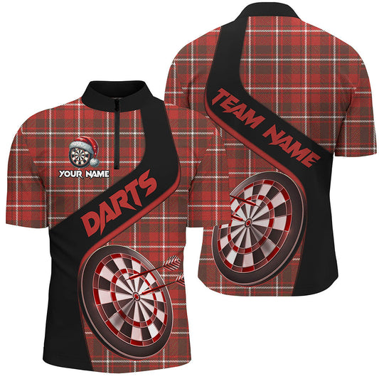 Individuelles Rotes Karo Muster Weihnachts Dart Herren Shirt mit Viertelreißverschluss, Dart Trikot Dart Geschenk TDM2902
