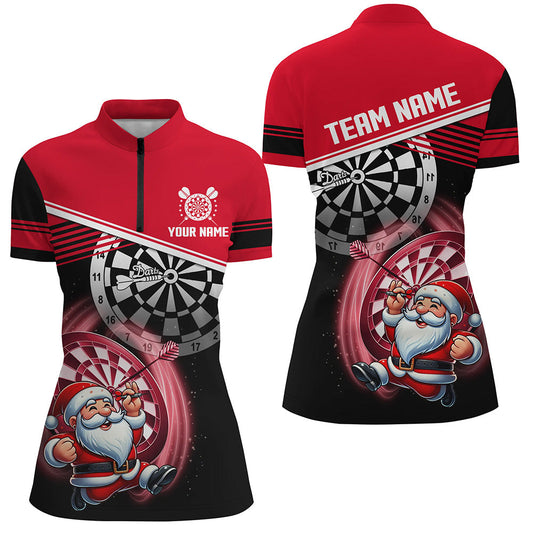 Individuelles Rotes Schwarzes Weihnachts-Dart Damen Quarter Zip Shirt, Lustiger Weihnachtsmann Dart Trikot Geschenk TDM2917