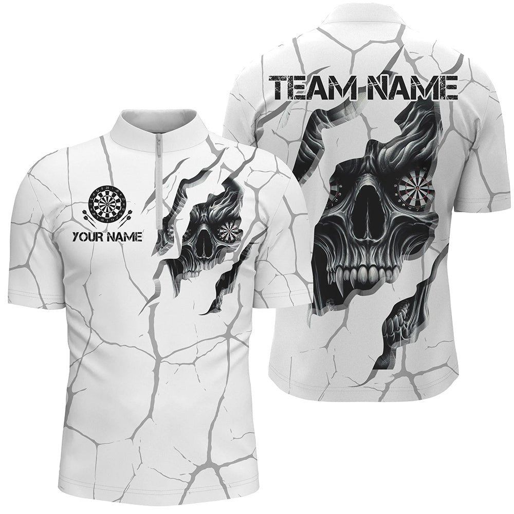 Personalisierter Schädel Weiß Grunge Darts Polo und Viertelreißverschluss Shirts für Herren, Dart Teamtrikots TDM2922
