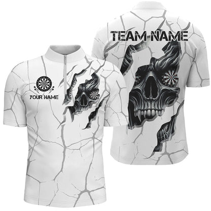 Personalisierter Schädel Weiß Grunge Darts Polo und Viertelreißverschluss Shirts für Herren, Dart Teamtrikots TDM2922