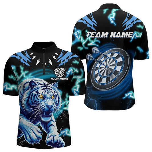 Individuelles Blau Tiger Thunder Lightning Dart Herren Shirt mit Viertelreißverschluss, Dart Trikot Team Uniform TDM3384