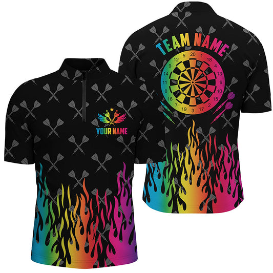 Buntes Dartboard Feuerflamme Dart Shirt mit Viertelreißverschluss für Herren, Dart Team Trikot TDM1393