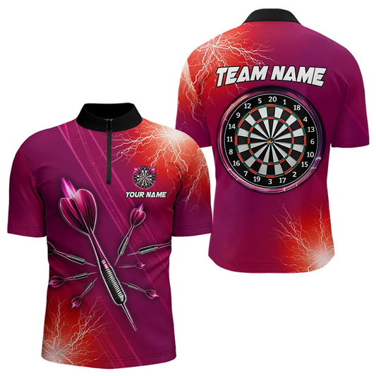 Individuelles Rotes Thunder Lightning Leicht Dart Herren Shirt mit Viertelreißverschluss, Dart Trikot Team Outfit TDM3392