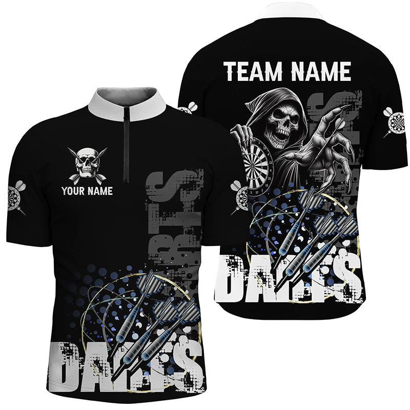 Individuelles Schwarz Weiß Todesskelett Grunge Dart Herren Shirts mit Viertelreißverschluss, Dart Trikot TDM2952