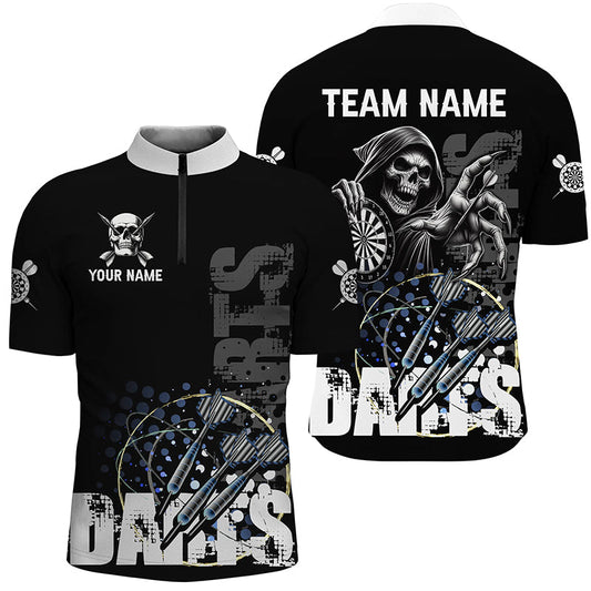 Individuelles Schwarz Weiß Todesskelett Grunge Dart Herren Shirts mit Viertelreißverschluss, Dart Trikot TDM2952