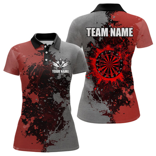 Individuelles Darts-Gemälde Rot und Grau Dart-Poloshirt für Damen, Grunge Dart-Team-Trikot TDM3178