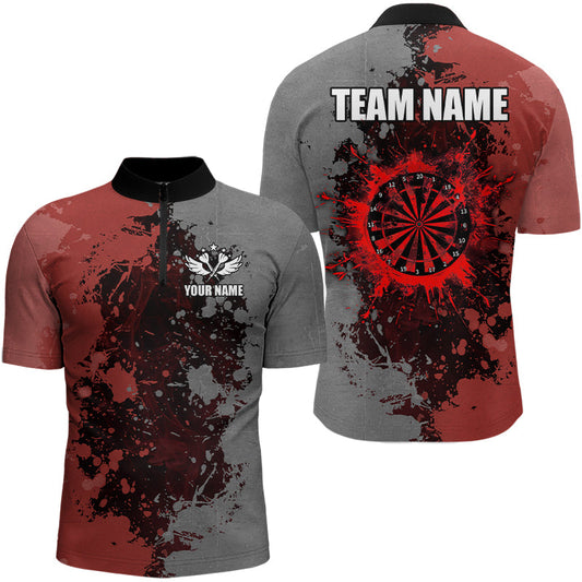 Individuelles Darts Paint Rot und Grau Herren Shirt mit Viertelreißverschluss, Grunge Dart Team Trikot TDM3178