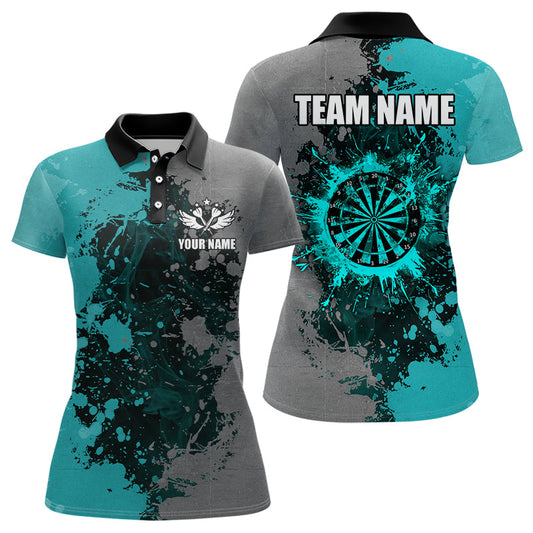 Individuelles Darts-Gemälde Türkis und Grau Dart-Poloshirt für Damen, Grunge Dart-Team-Trikot TDM3179