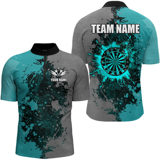 Individuelles Darts Paint Türkis und Grau Herren Shirt mit Viertelreißverschluss, Grunge Dart Team Trikot TDM3179