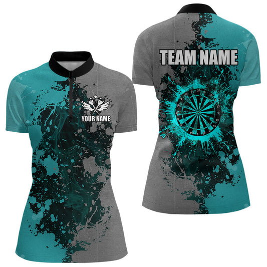 Individuelles Darts Farbklecks Türkis und Grau Damen Quarter Zip Shirt, Grunge Dart Team Trikot TDM3179
