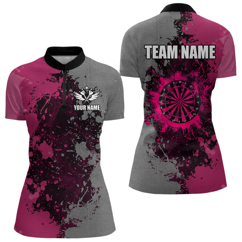 Darts Farbe Pink und Grau Dartshirts für Damen, personalisierte Grunge Dart-Teamtrikots TDM3180