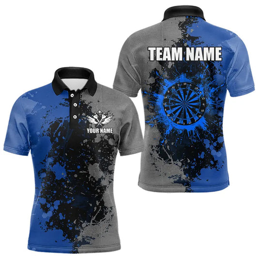Individuelles Dart-Farbspritzer-Poloshirt in Blau und Grau für Herren, Dart-Teamtrikot TDM3396
