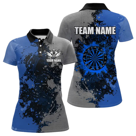 Individuelles Darts-Farbspritzer Blau und Grau Poloshirt für Damen, Dart-Trikot Team-Uniform TDM3396