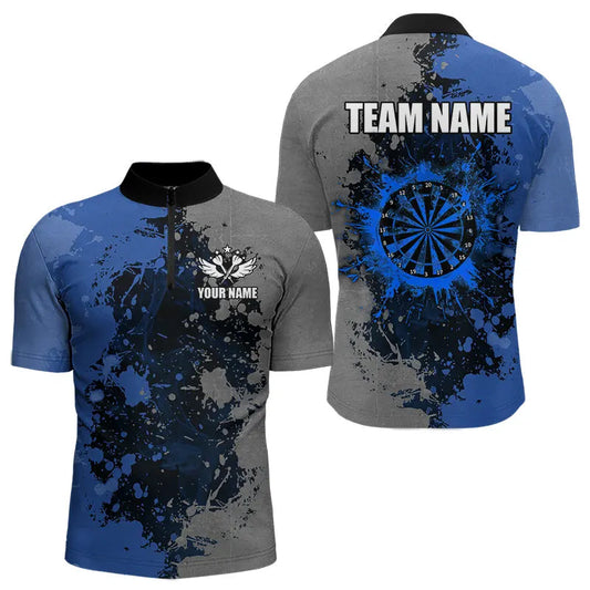 Individuelles Darts Paint Blau und Grau Dart Herren Shirt mit Viertelreißverschluss, Dart Trikot Team Uniform TDM3396