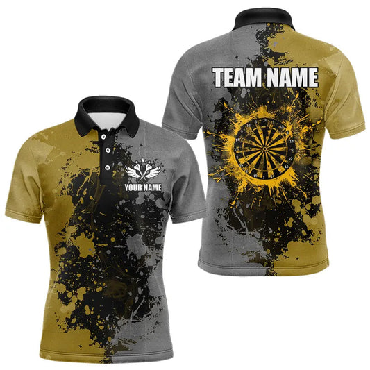 Individuelles Dart-Farbspritzer-Poloshirt in Gelb und Grau für Herren, Darttrikot TDM3397