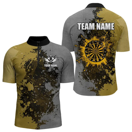 Individuelles Darts Paint Gelb und Grau Dart Herren Shirt mit Viertelreißverschluss, Dart Trikot TDM3397