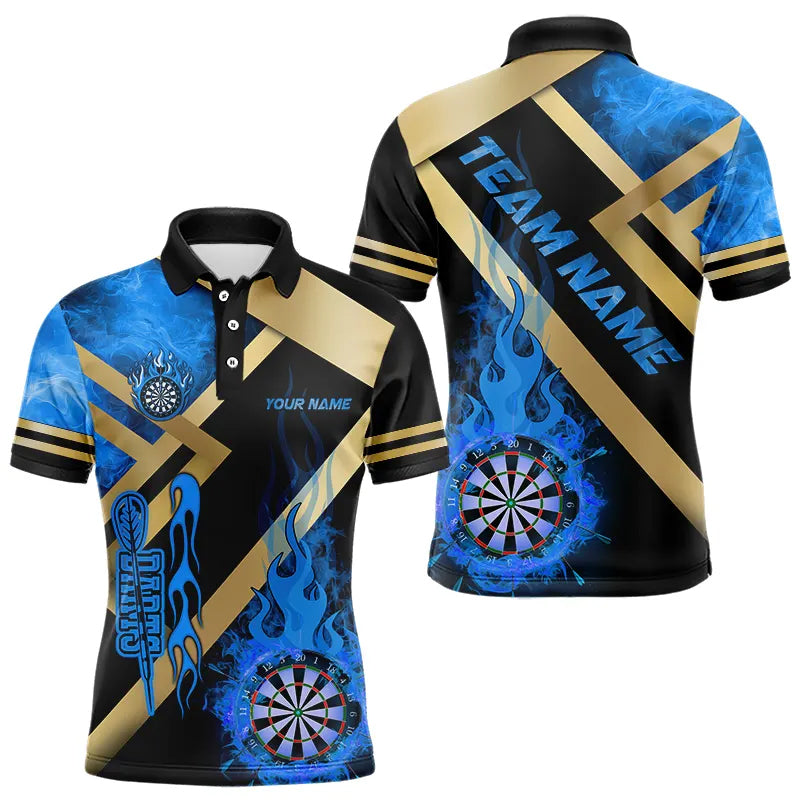 Individuelles gold-blaues Dartboard-Feuerflammen-Poloshirt für Herren, Dartshirt Darttrikot TDM3401