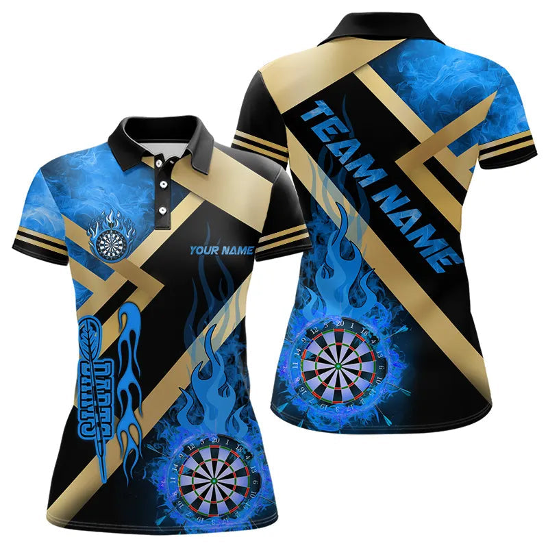 Individuelles Gold-Blau Dartbrett Feuerflamme Poloshirt für Damen, Darts-Shirt Dart-Trikot TDM3401