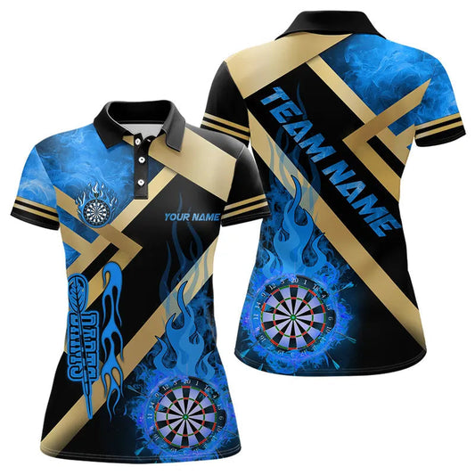 Individuelles Gold-Blau Dartbrett Feuerflamme Poloshirt für Damen, Darts-Shirt Dart-Trikot TDM3401