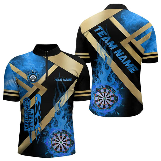 Individuelles Gold und Blau Dartboard Feuerflamme Dart Herren Shirt mit Viertelreißverschluss, Dart Shirt Dart Trikot TDM3401