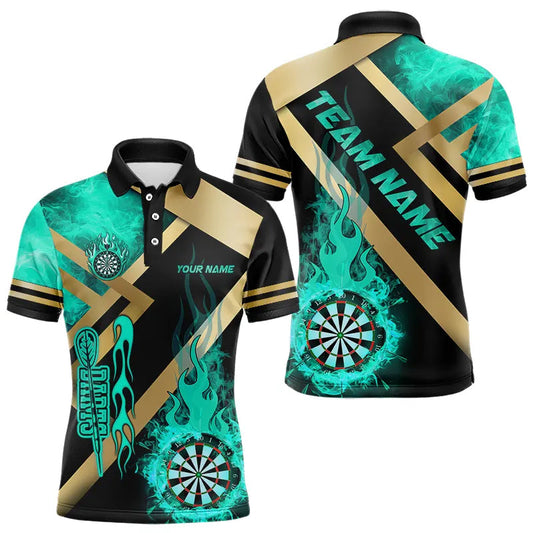 Individuelles gold-türkisfarbenes Dartboard-Feuerflammen-Poloshirt für Herren, Dartshirt Darttrikot TDM3402