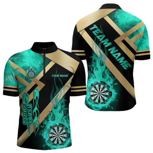 Individuelles Gold und Türkis Dartboard Feuerflamme Dart Herren Shirt mit Viertelreißverschluss, Dart Shirt Dart Trikot TDM3402
