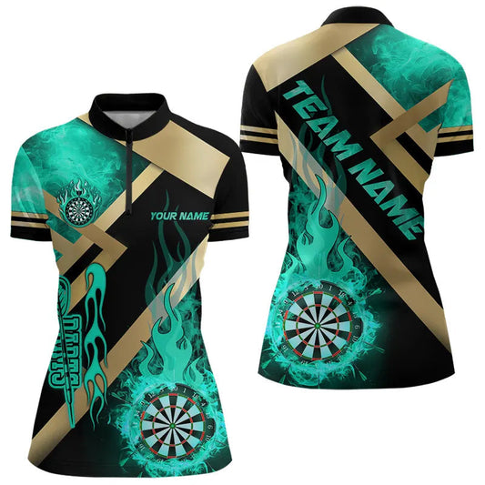 Individuelles Gold-Türkis Dartbrett Feuerflamme Damen Quarter Zip Shirt, Darts Shirt Dart Trikot TDM3402