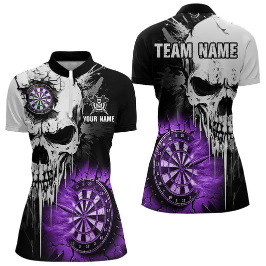 Individuelles Grunge Schädel Damen Dart Quarter Zip Shirt, Lila Darts Team Trikots TDM3698