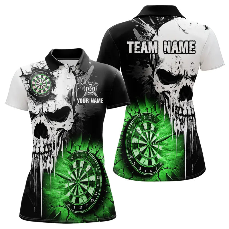 Individuelle Grunge-Schädel Damen-Dart-Poloshirts, Grüne Dart-Team-Trikots TDM3699