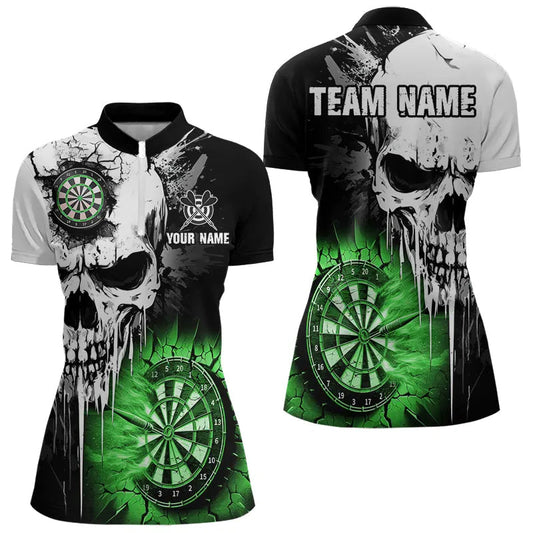 Individuelles Grunge Schädel Damen Dart Quarter Zip Shirt, Grüne Darts Team Trikots TDM3699