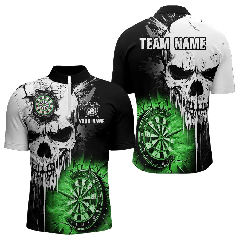 Individuelles Grunge Skull Herren Dart Viertelreißverschluss Shirts, Grüne Darts Team Trikots TDM3699