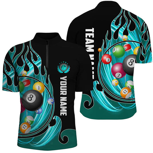 Billiard Balls Feuerflamme maßgeschneidertes Herren Quarter-Zip Shirt, Billiard Liga Team Jersey - Cyan TDM2720