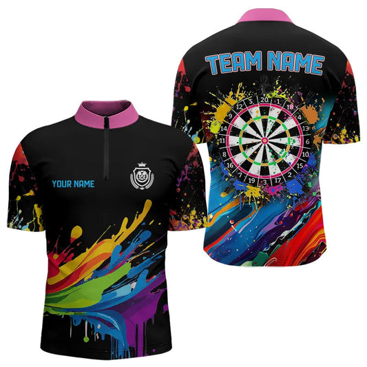 Individuelles Lustige Dartboards Bunte Farbspritzer Viertelreißverschluss Herren Shirt, Dart Trikot TDM3544