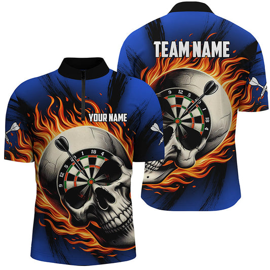 Flammender Dart Totenkopf Herren Shirt mit Viertelreißverschluss, Blaues Dart Team Trikot TDM1219