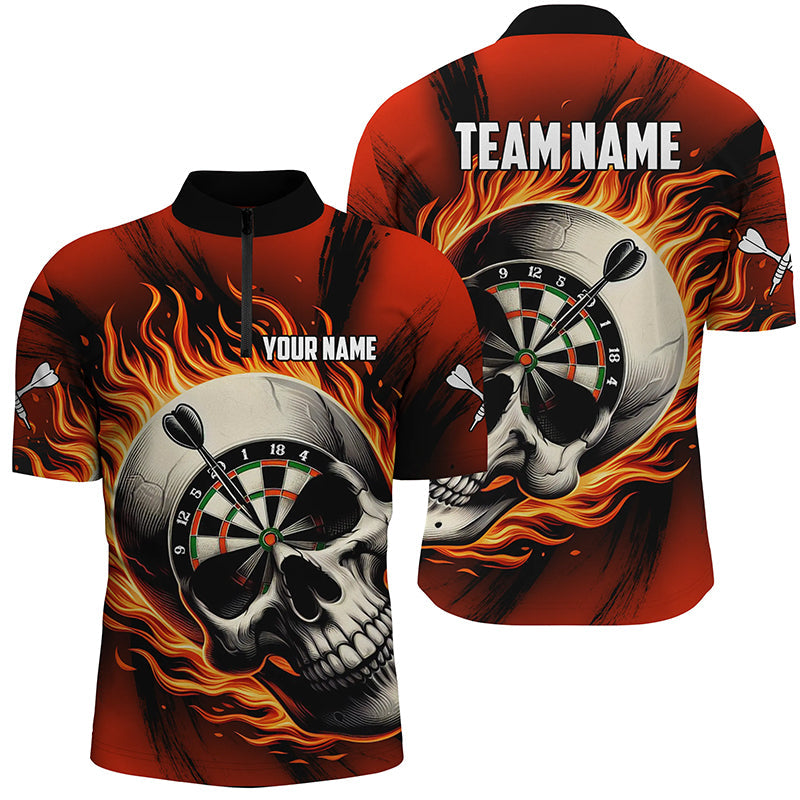 Individuelles Flammender Dart Totenkopf Herren Shirt mit Viertelreißverschluss, Rotes Dart Team Trikot TDM1220