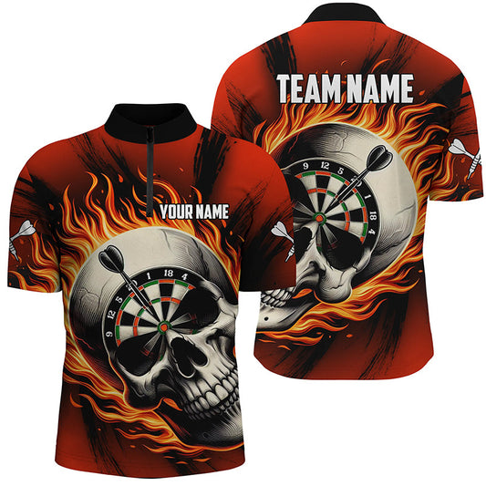 Individuelles Flammender Dart Totenkopf Herren Shirt mit Viertelreißverschluss, Rotes Dart Team Trikot TDM1220