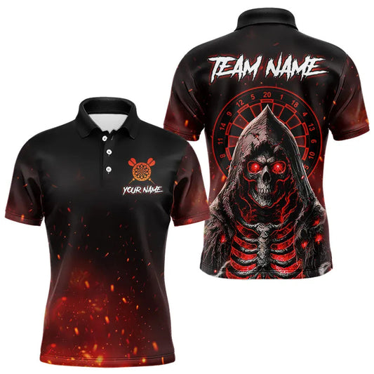 Individuelles Rot und Schwarzes Leuchtendes Feuer Tod Skelett Dart Poloshirt Für Herren – Darttrikots TDM3712
