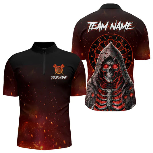 Individuelles Rot und Schwarz Leuchtendes Feuer Tod Skeleton Dart Viertelreißverschluss Herren Shirt – Dart Trikots TDM3712