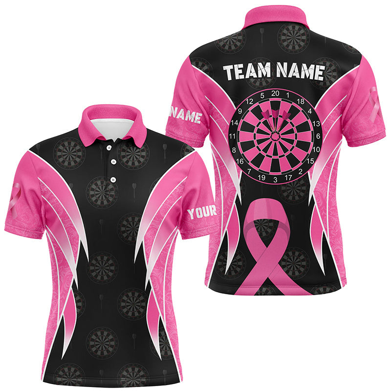 Individuelles Brustkrebs Awareness Dart Poloshirt Für Herren, Schwarz Pink Dart-Teamtrikot TDM2481
