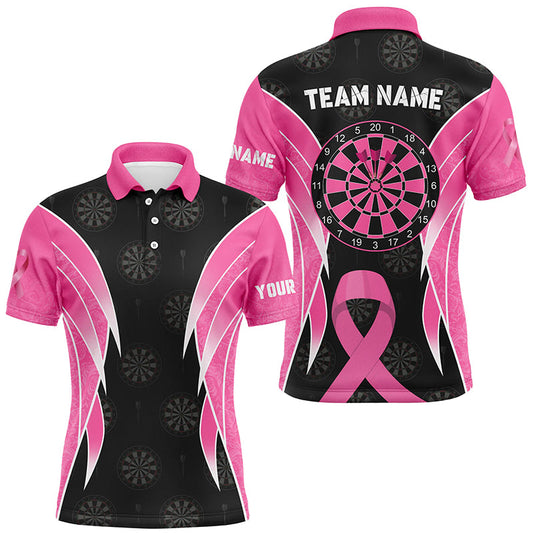 Individuelles Brustkrebs Awareness Dart Poloshirt Für Herren, Schwarz Pink Dart-Teamtrikot TDM2481