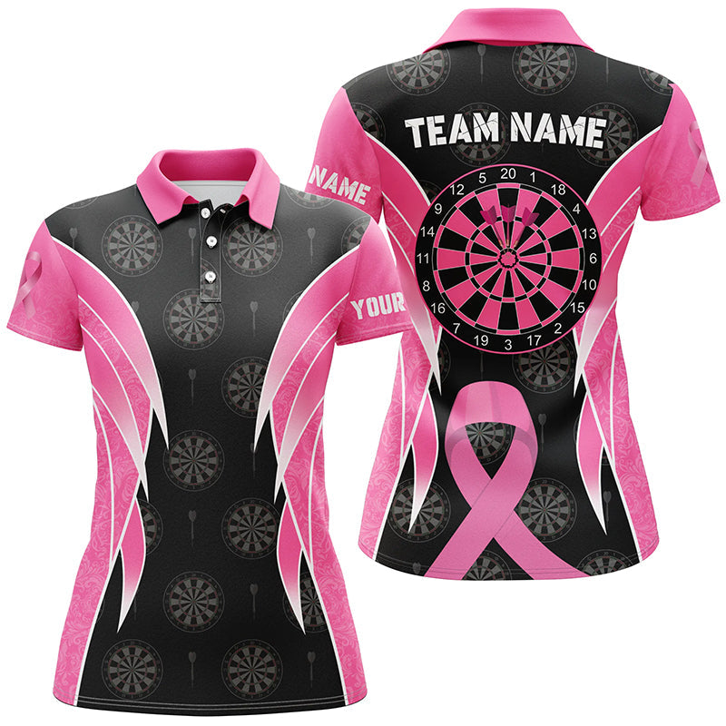 Individuelles Brustkrebs Awareness Dart Poloshirt Für Herren, Schwarz Pink Dart-Teamtrikot TDM2481