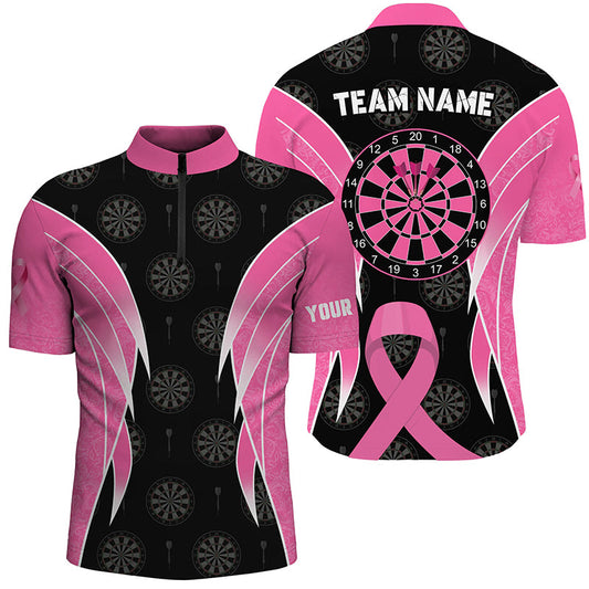 Individuelles Brustkrebsbewusstsein Dart Herren Shirt mit Viertelreißverschluss, Schwarz Pink Dart Team Trikot TDM2481
