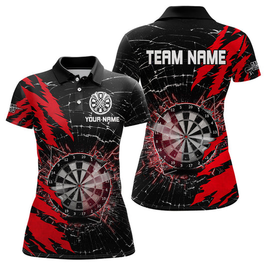 Schwarz-Rot Dartsbrett Glasbruch Individuelles Dart-Poloshirt für Damen, Team Dart-Trikot TDM3215