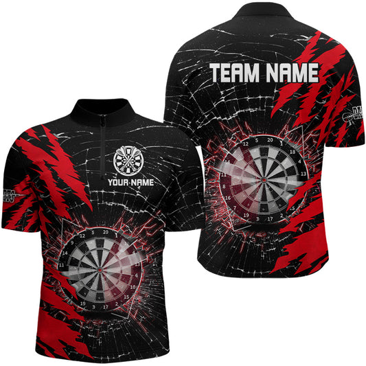 Individuelles Schwarz und Rotes Darts Board Break Glass Dart Herren Shirt mit Viertelreißverschluss, Team Dart Trikot TDM3215