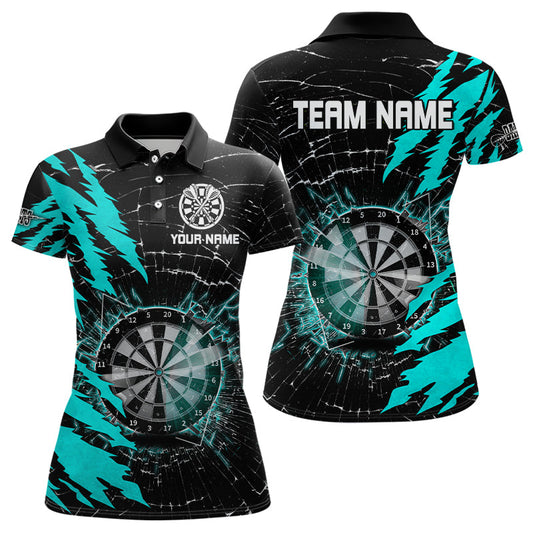 Schwarz-Cyan Dartsbrett Glasbruch Individuelles Dart-Poloshirt für Damen, Team Dart-Trikot TDM3216