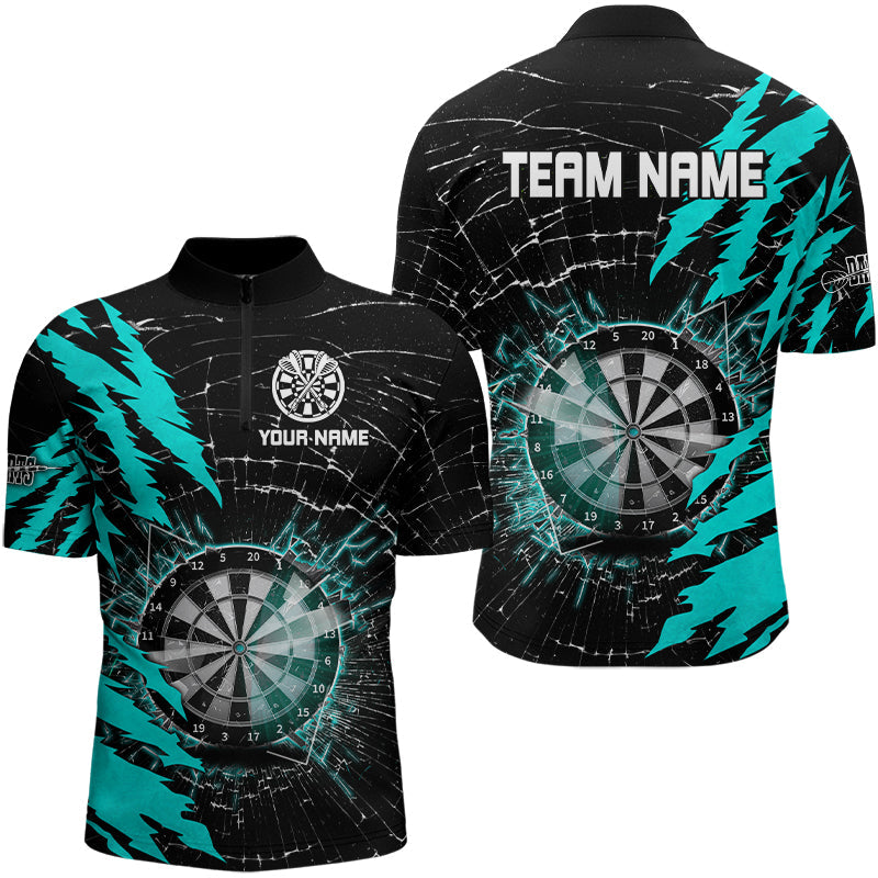 Individuelles Schwarz und Cyan Darts Board Break Glass Dart Herren Shirt mit Viertelreißverschluss, Team Dart Trikot TDM3216