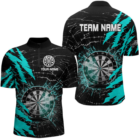 Individuelles Schwarz und Cyan Darts Board Break Glass Dart Herren Shirt mit Viertelreißverschluss, Team Dart Trikot TDM3216