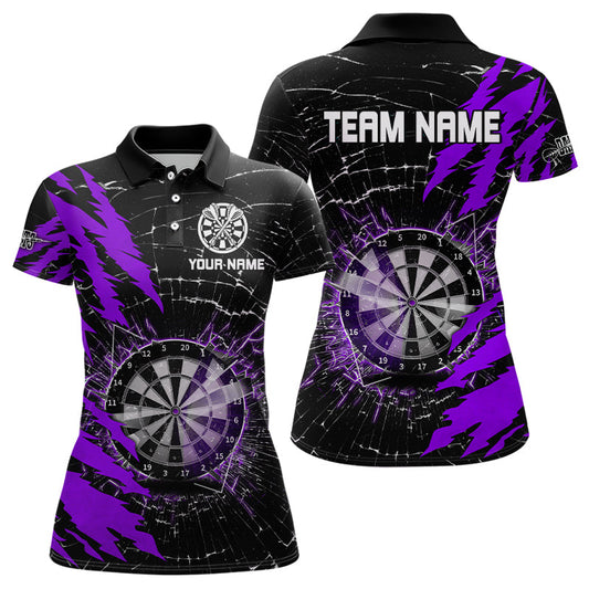 Schwarz-Lila Dartsbrett Glasbruch Individuelles Dart-Poloshirt für Damen, Team Dart-Trikot TDM3217
