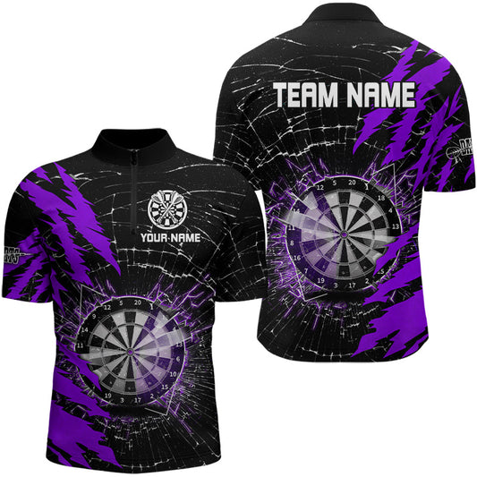 Individuelles Schwarz und Lila Darts Board Break Glass Dart Herren Shirt mit Viertelreißverschluss, Team Dart Trikot TDM3217